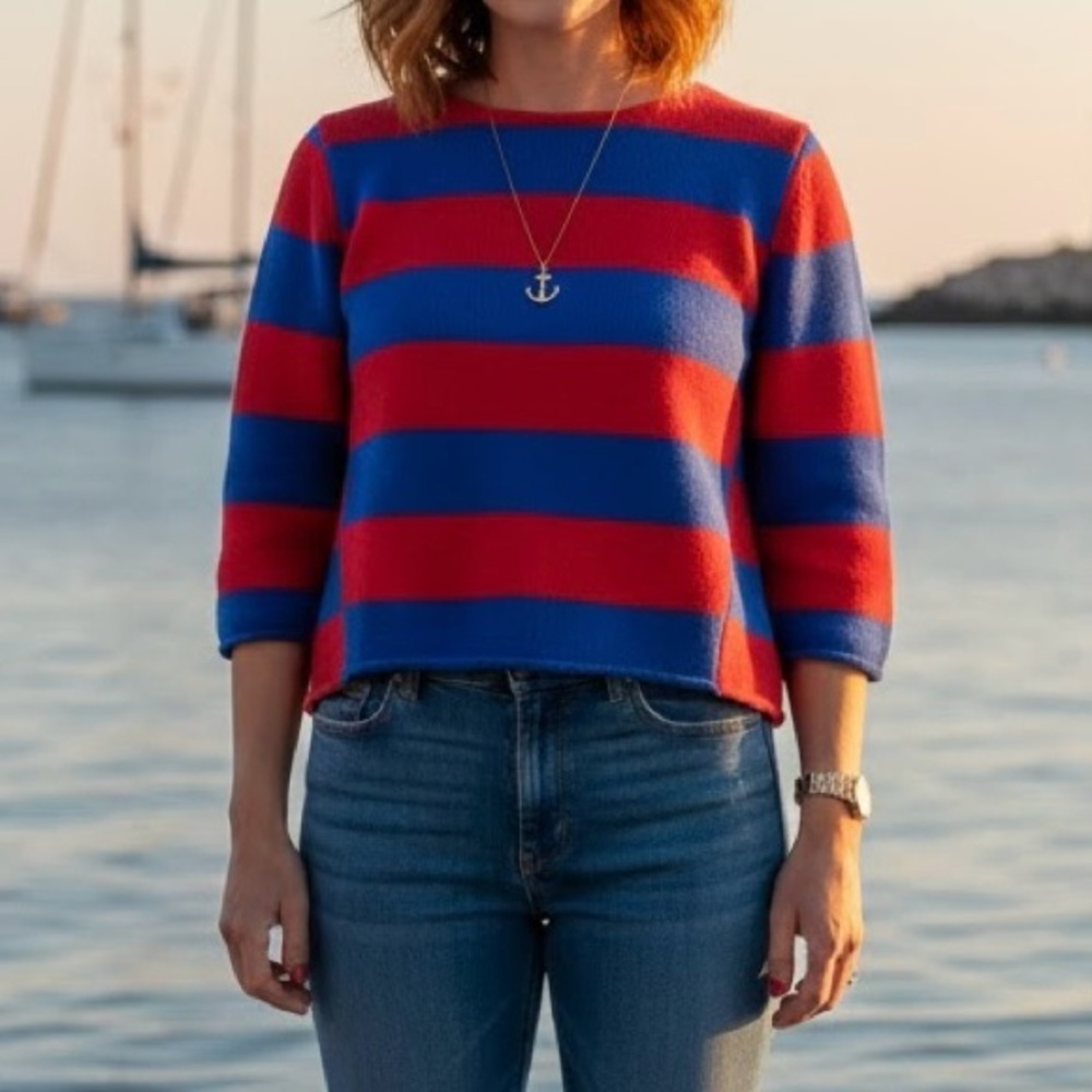 GAP 100% Cotton Striped Blue Red Boatneck Sweater Nautical Fisherman Boxy Boho